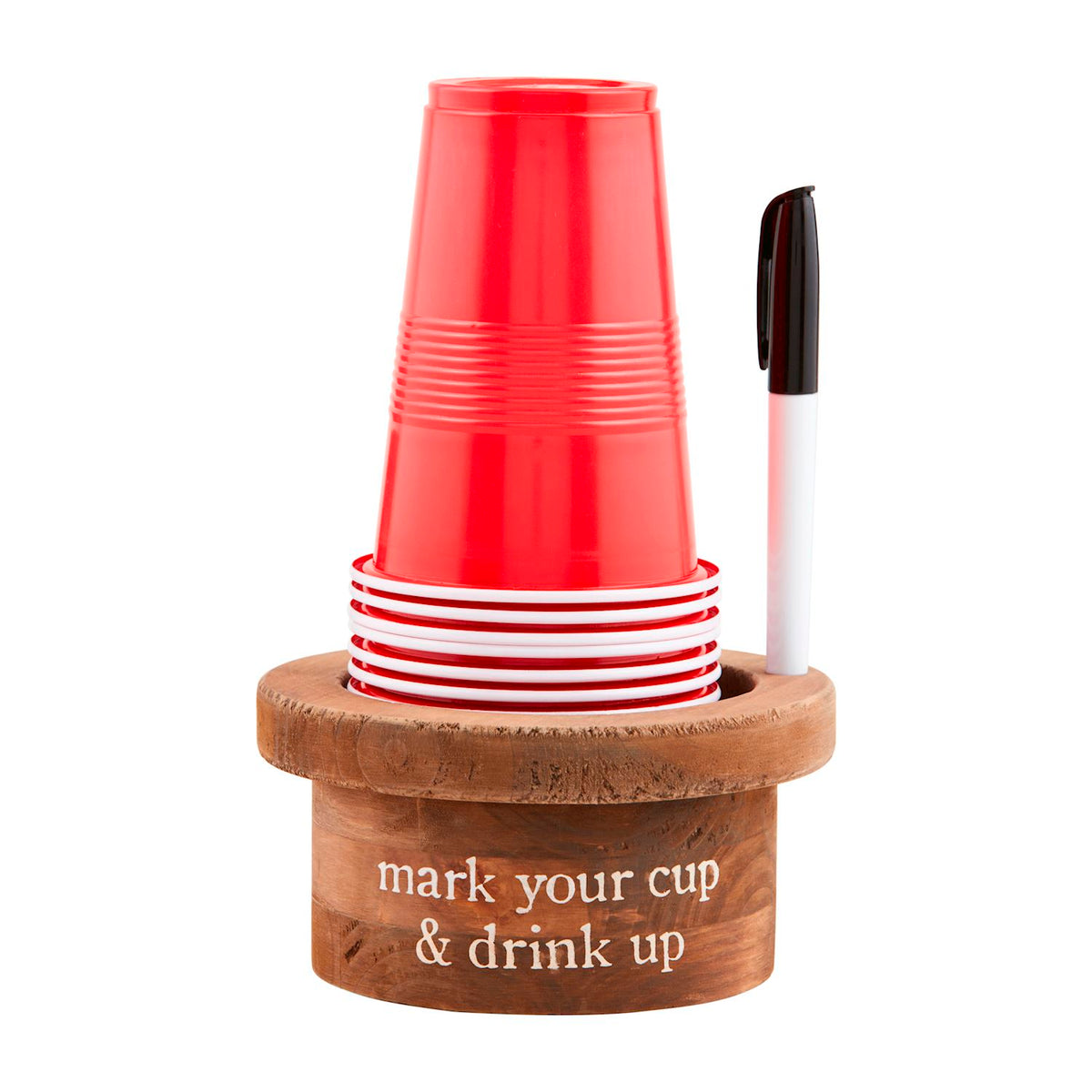Disposable cup with base measuring three inches by five-and-a-half-inch diameter holding eighteen ounces and a marker.