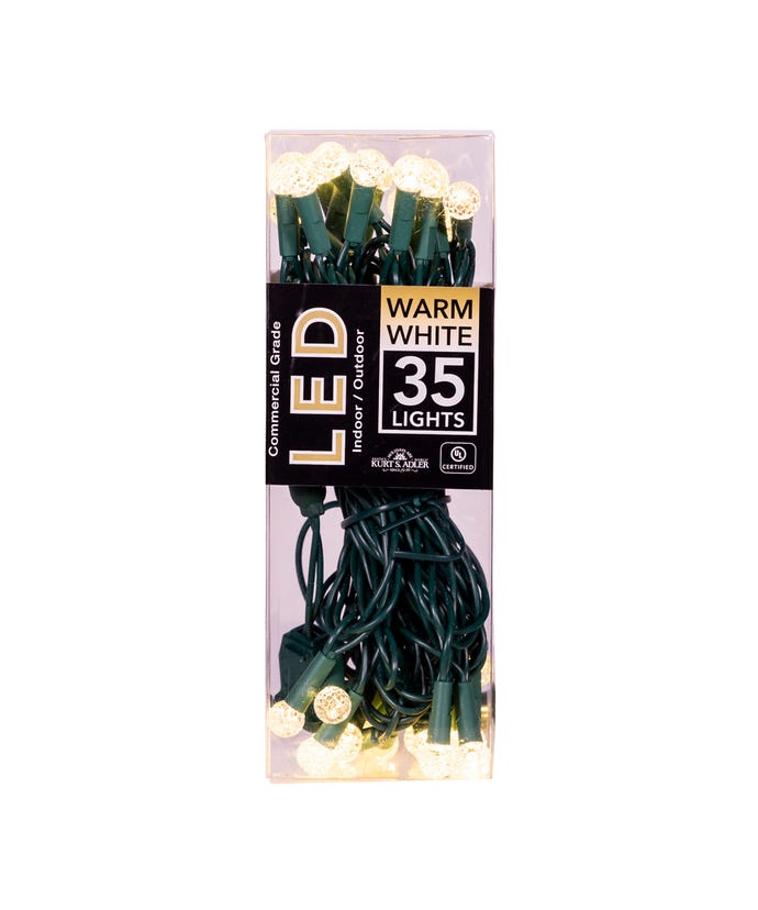 UL 35-Light Warm White G12 LED lights on green wire in clear packaging.