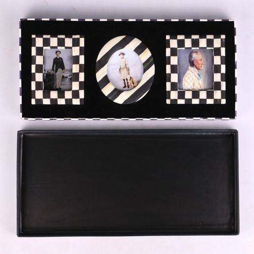 Set of three fabric-covered photo frames in checkered and striped patterns inside a gift box.