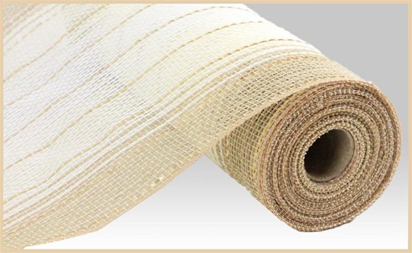 Roll of cream, natural, white, and gold faux jute ombre mesh ribbon for crafts.