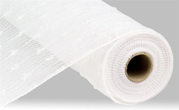 A roll of white snowball mesh ribbon with a textured, dotted pattern on a cardboard core.
