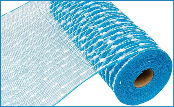 Turquoise and white puff ball poly mesh ribbon roll for wreath making and home decor.
