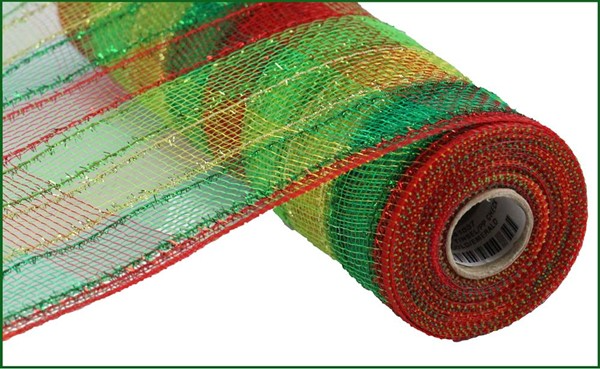 Roll of red, lime, gold, and emerald checkered tinsel mesh ribbon for crafts.