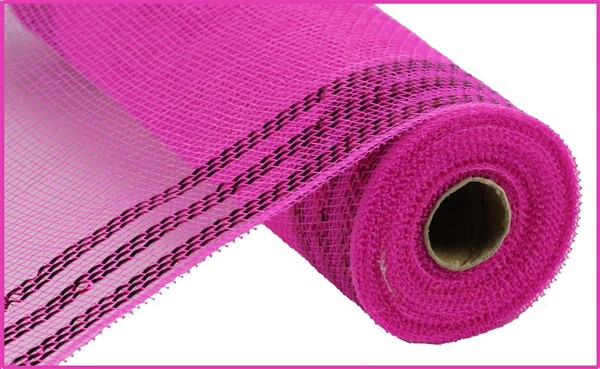 Roll of hot pink metallic mesh ribbon with black border stripes for wreath making.