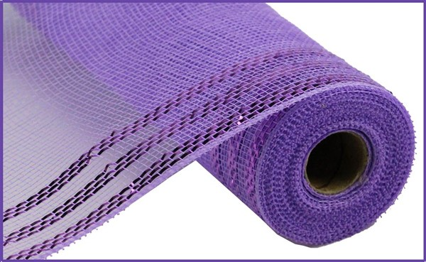 A roll of purple metallic border stripe mesh ribbon for crafting and wreath making.
