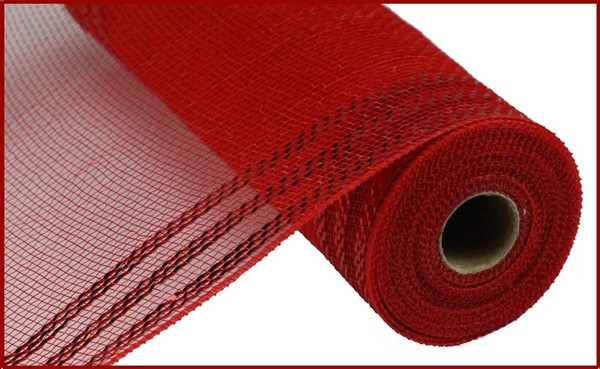 A roll of red metallic mesh ribbon with black border stripes.