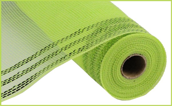 Lime green metallic mesh ribbon roll with dark green border stripes.