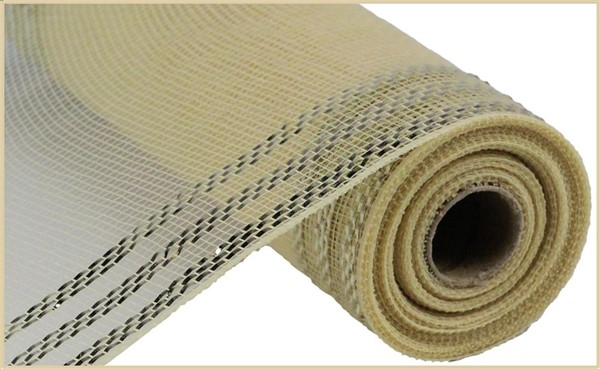 Roll of beige metallic mesh ribbon with decorative foil border stripes.