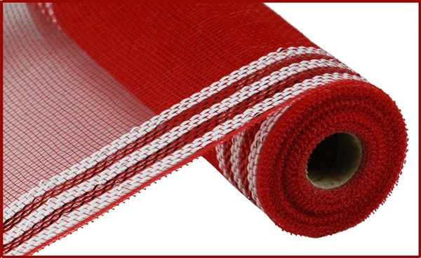 Red metallic mesh ribbon roll with white and black border stripes.