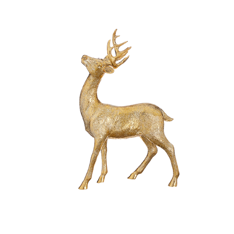 Gold resin deer figurine with antlers looking upwards, standing on four legs.