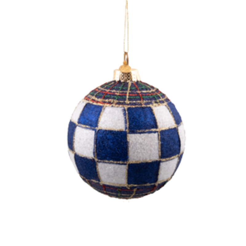 Navy Tartan Glass Ball Ornament with blue and white checkered pattern and gold glitter accents.