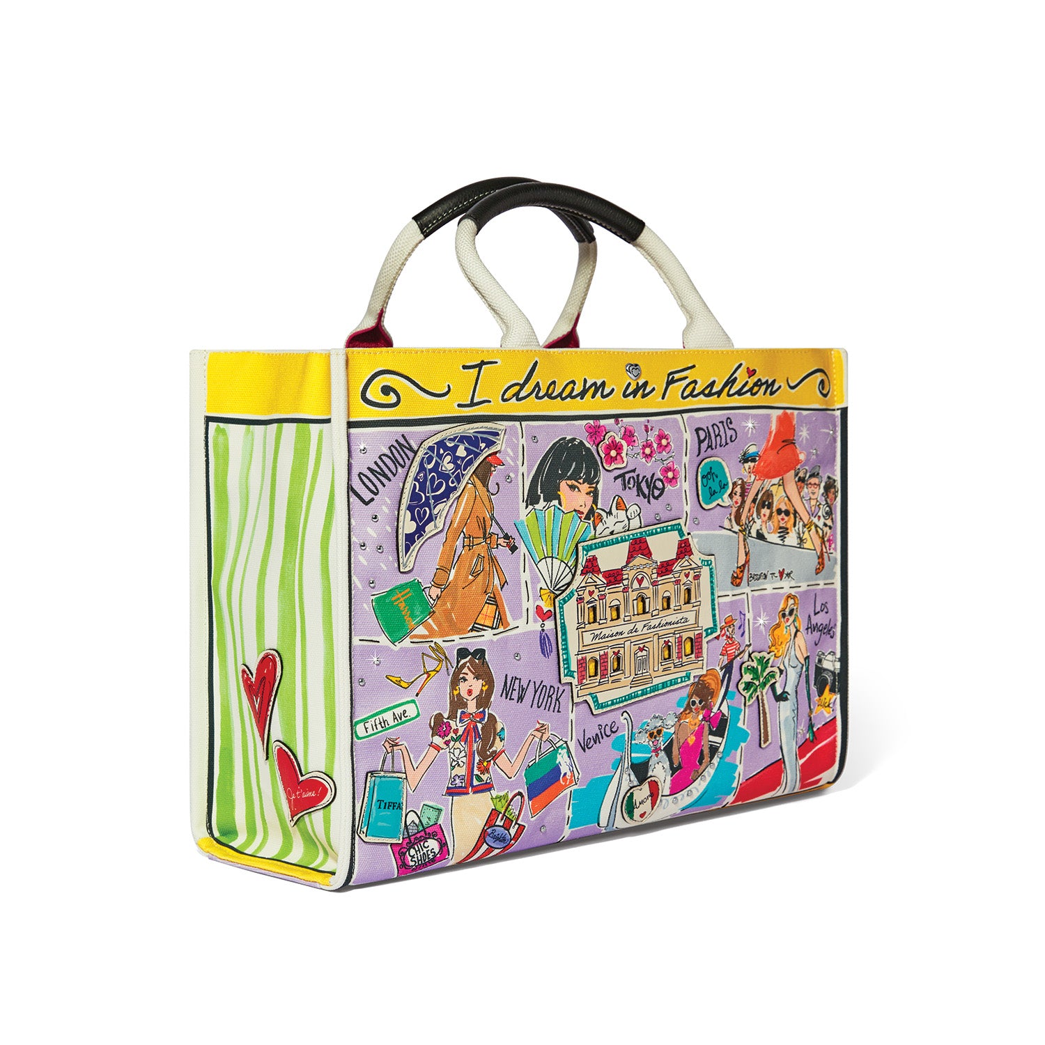 Large canvas tote bag with colorful fashion illustrations of global cities and black rope handles.