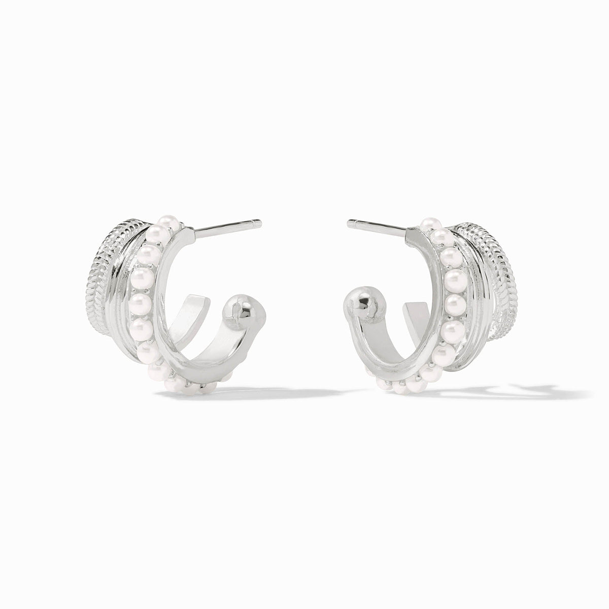 Julie Vos Hydra Triple Hoop earrings in pure silver plate with shell pearl accents and pierced ear posts.