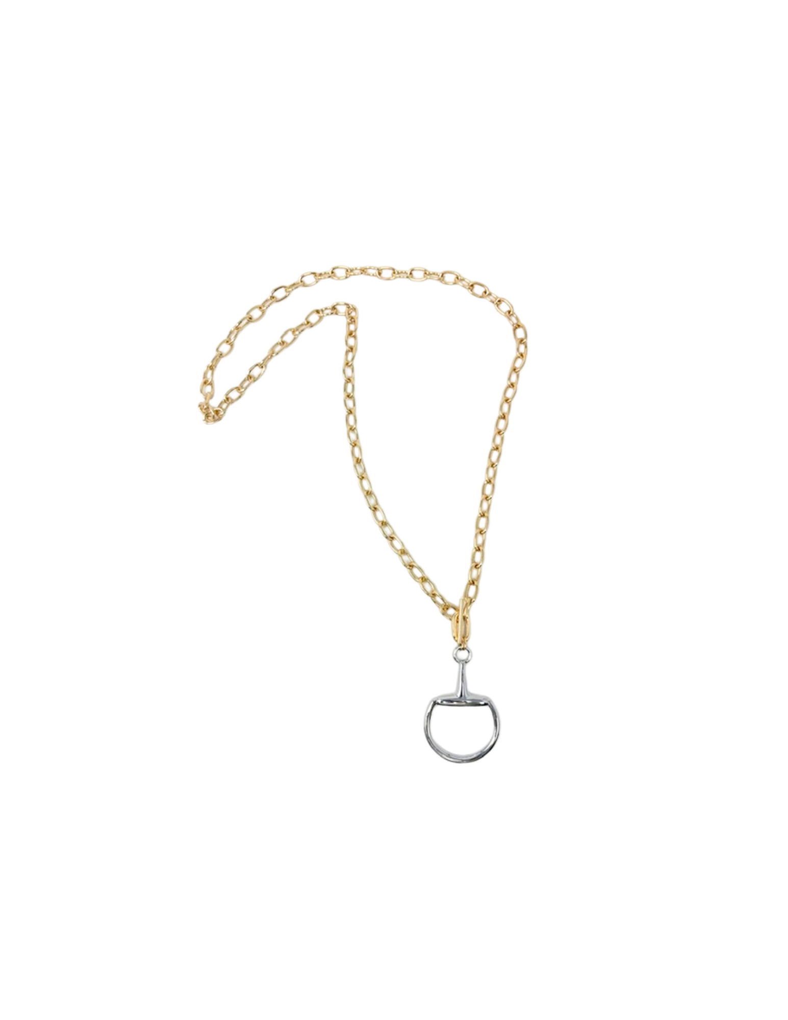 Polished horsebit pendant necklace with a gold-tone chain and silver-tone horsebit charm.