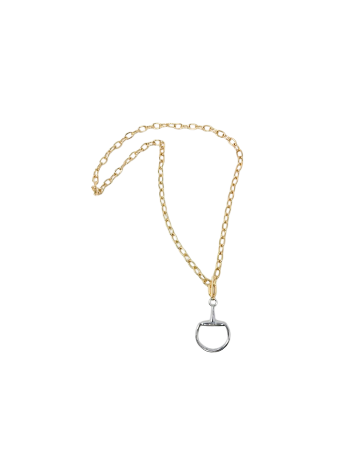 Polished horsebit pendant necklace with a gold-tone chain and silver-tone horsebit charm.