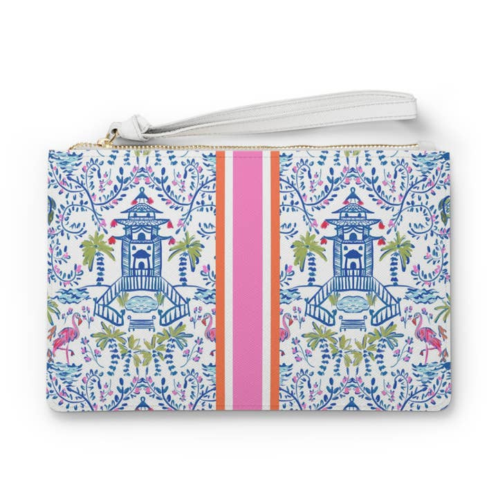 Mahjong card pouch with a blue pagoda and pink flamingo pattern, featuring a pink and orange stripe.