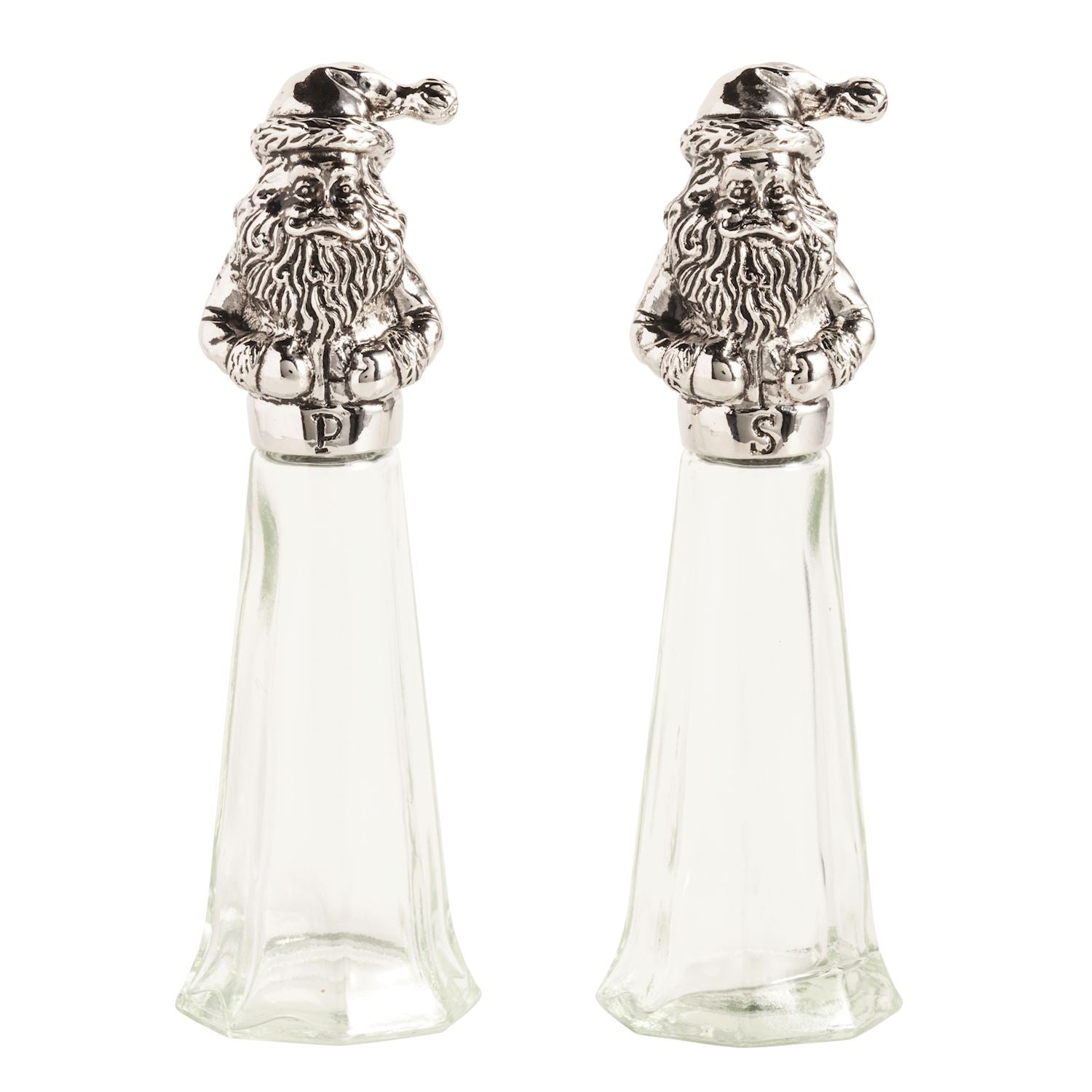 Santa Salt and Pepper Set with clear glass bases and silver-toned Santa Claus metal tops.