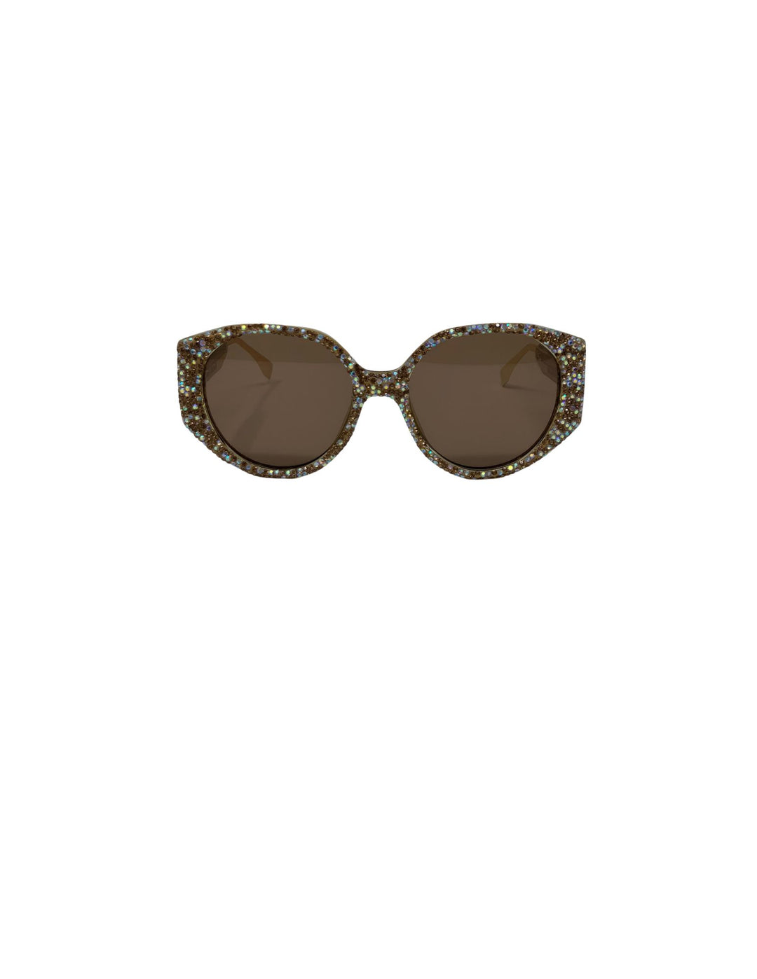 Oversized brown lens sunglasses with a thick frame covered in shimmering multi-colored rhinestones.
