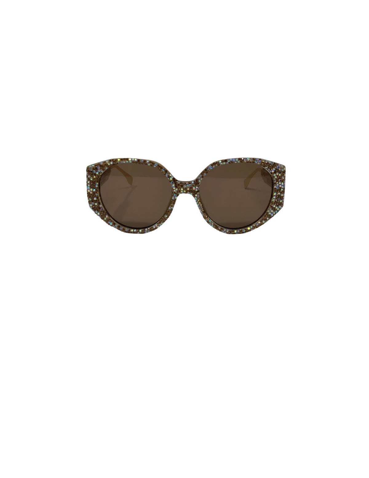 Oversized brown lens sunglasses with a thick frame covered in shimmering multi-colored rhinestones.