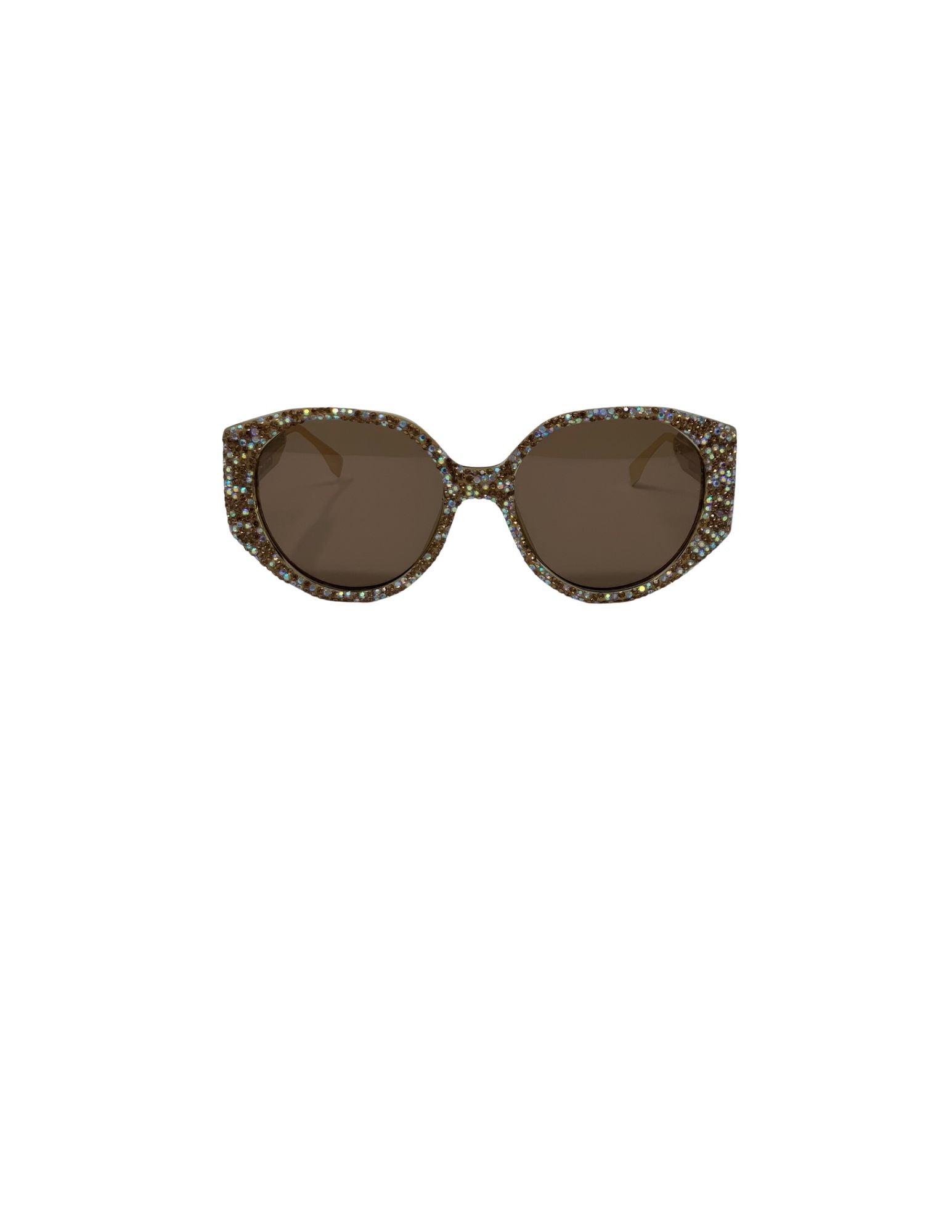 Oversized brown lens sunglasses with a thick frame covered in shimmering multi-colored rhinestones.
