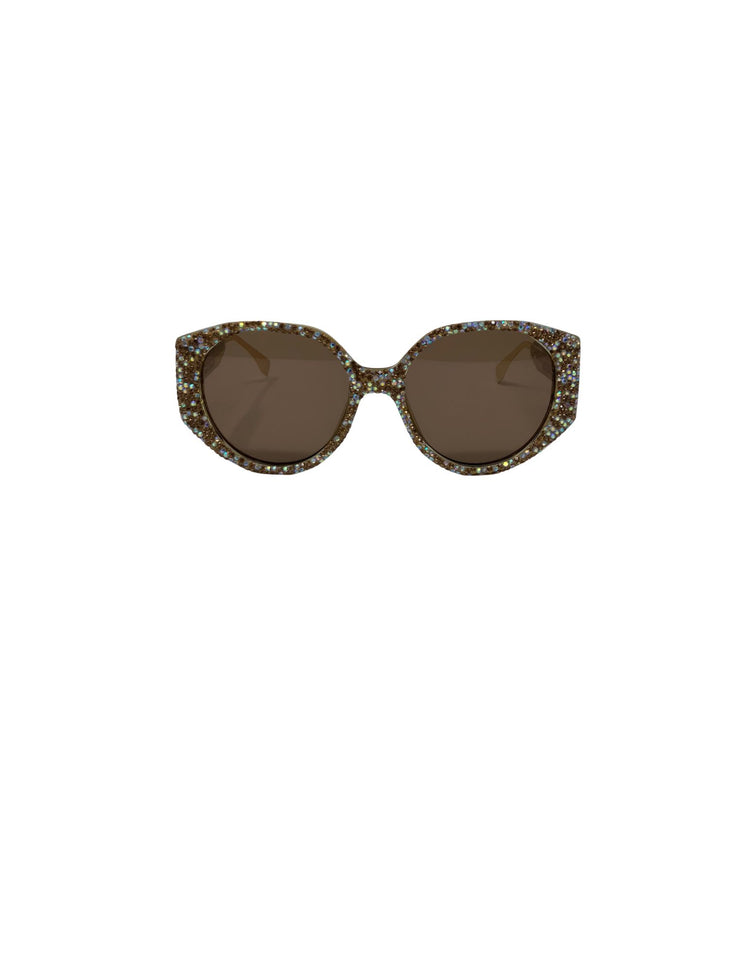 Oversized brown lens sunglasses with a thick frame covered in shimmering multi-colored rhinestones.