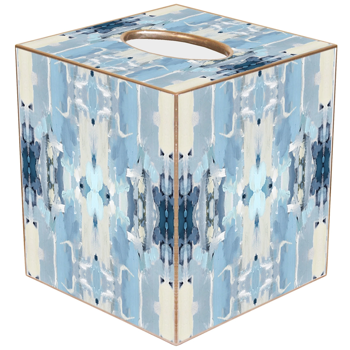 Hand-cut paper mache tissue box cover with gold-painted edges.