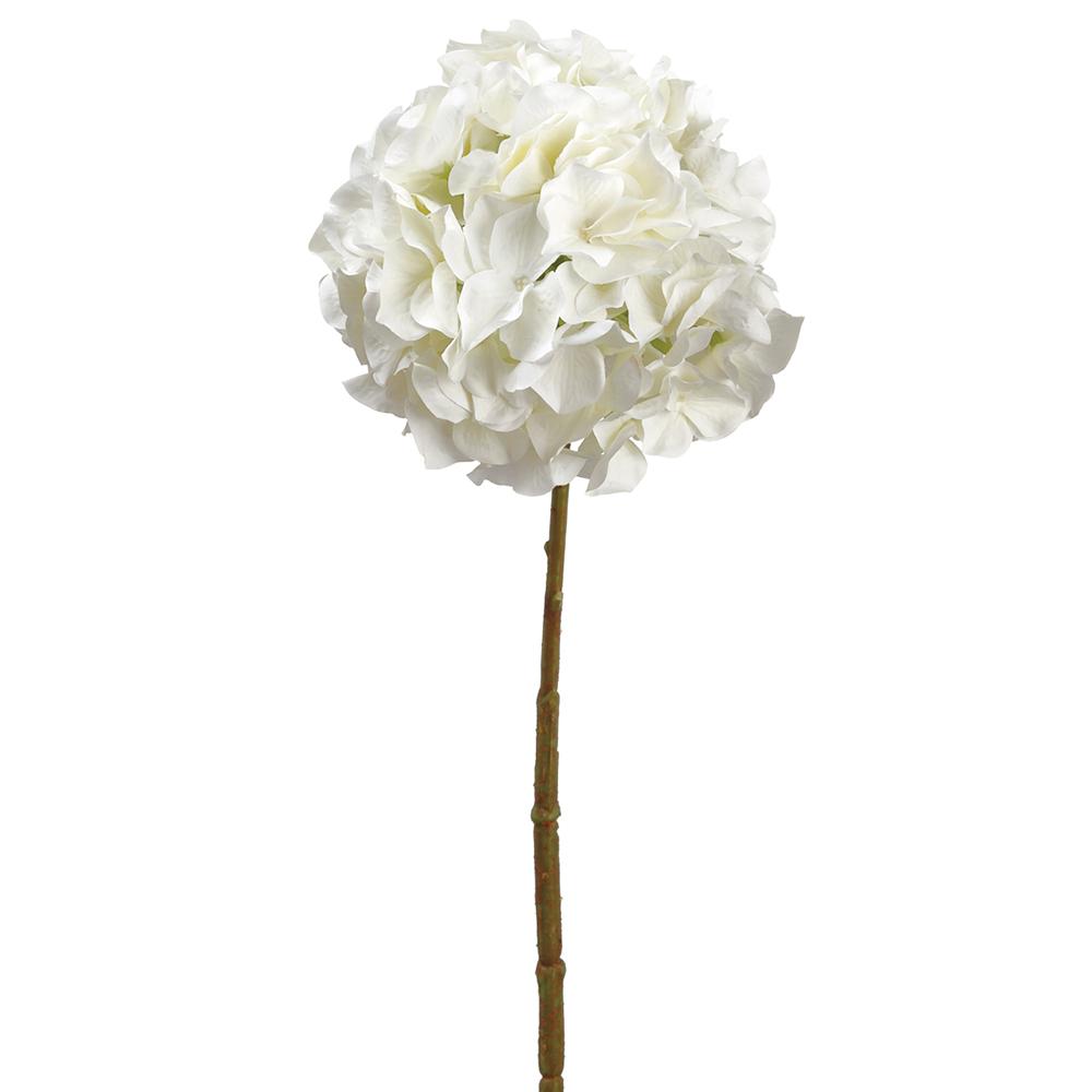 Artificial hydrangea spray with blue fabric petals on a wire stem structure.