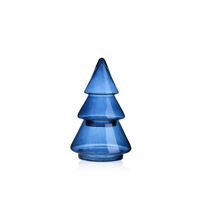 Blue artificial Christmas tree with classic triangular silhouette