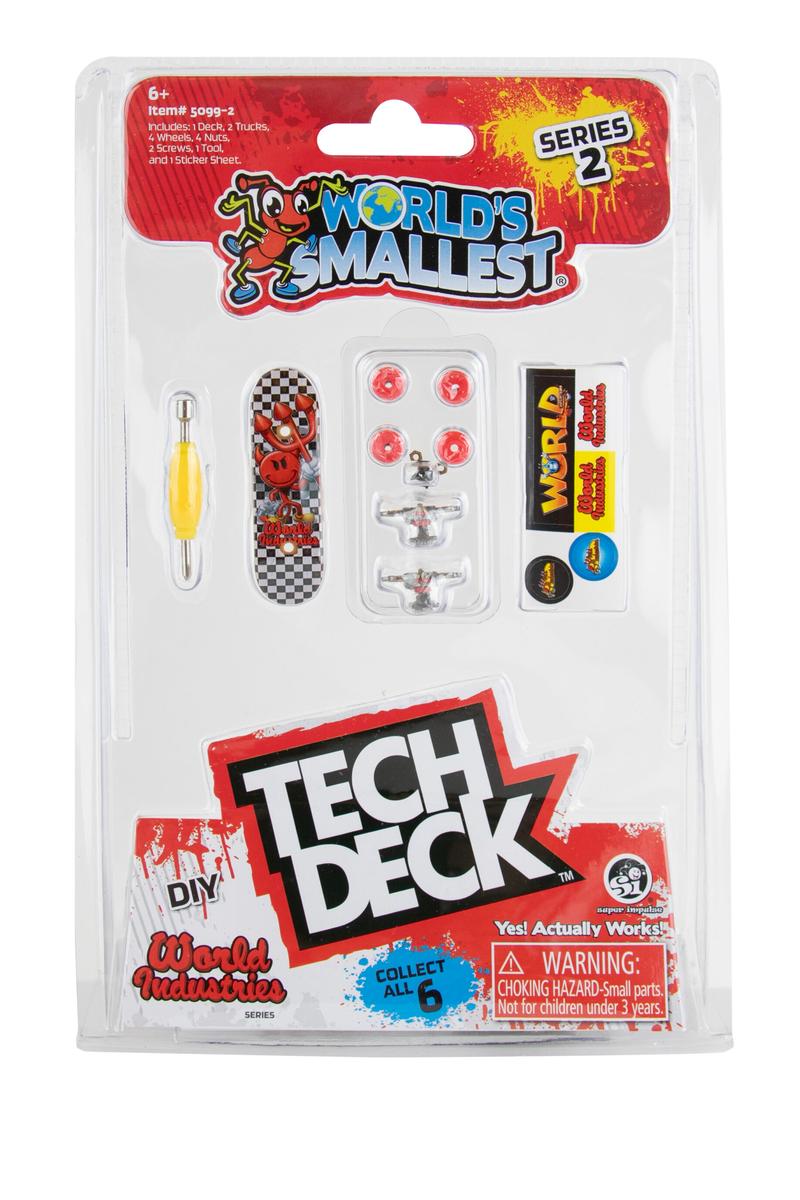 World’s Smallest Tech Deck Series 2 DIY kit with deck, trucks, wheels, tool, and stickers.