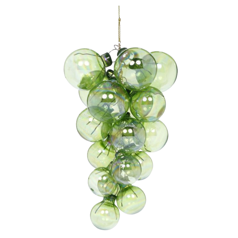 Pearl Grape Cluster Ornament featuring iridescent green glass spheres in a hanging bunch.