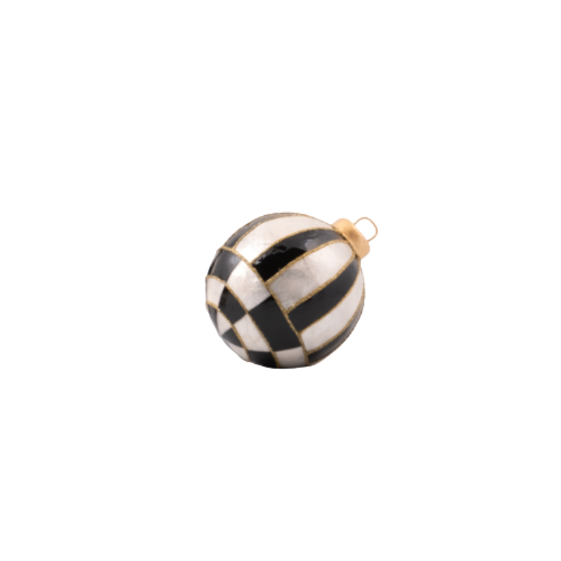 Courtly Capiz Tabletop Ornament Ball with black and white checkered patterns and gold accents.