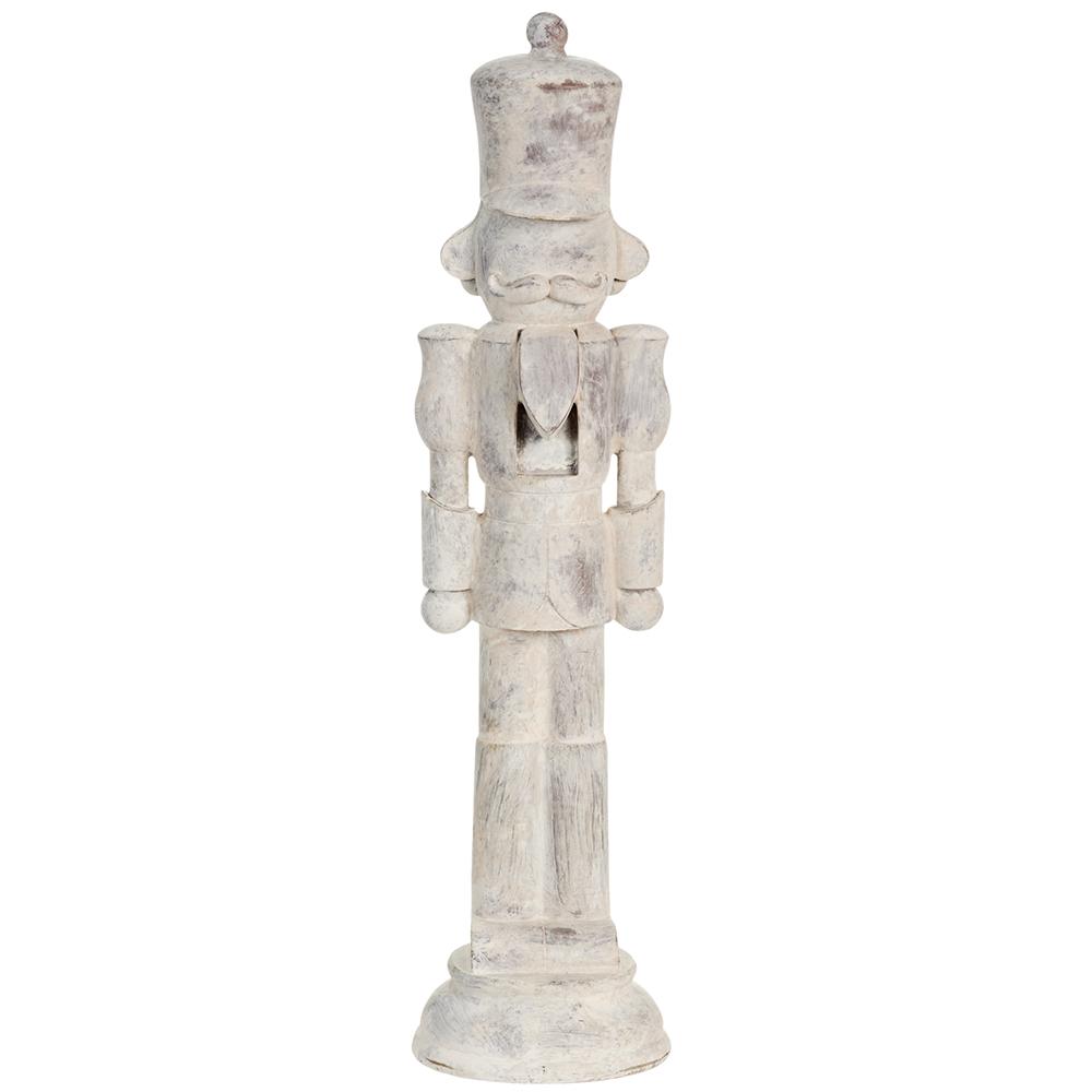 20 inch beige antique nutcracker figurine with a distressed finish and traditional design.