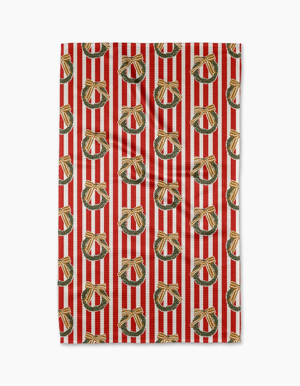 Holiday tea towel with waffle weave construction in red featuring a festive snowman pattern.