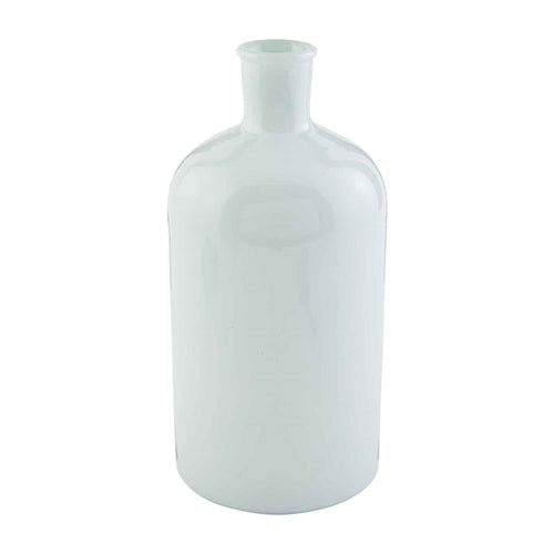 White glass bottleneck vase with a narrow neck and wide base.