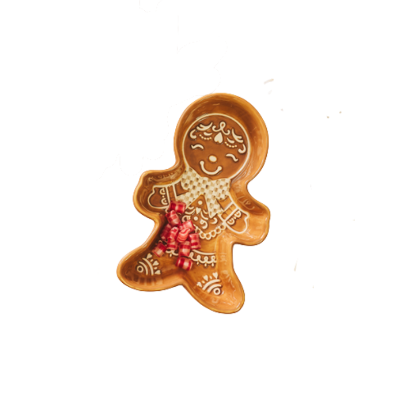 Gingerbread man shaped snack bowl in mocha brown with white icing details and a checkered bow.