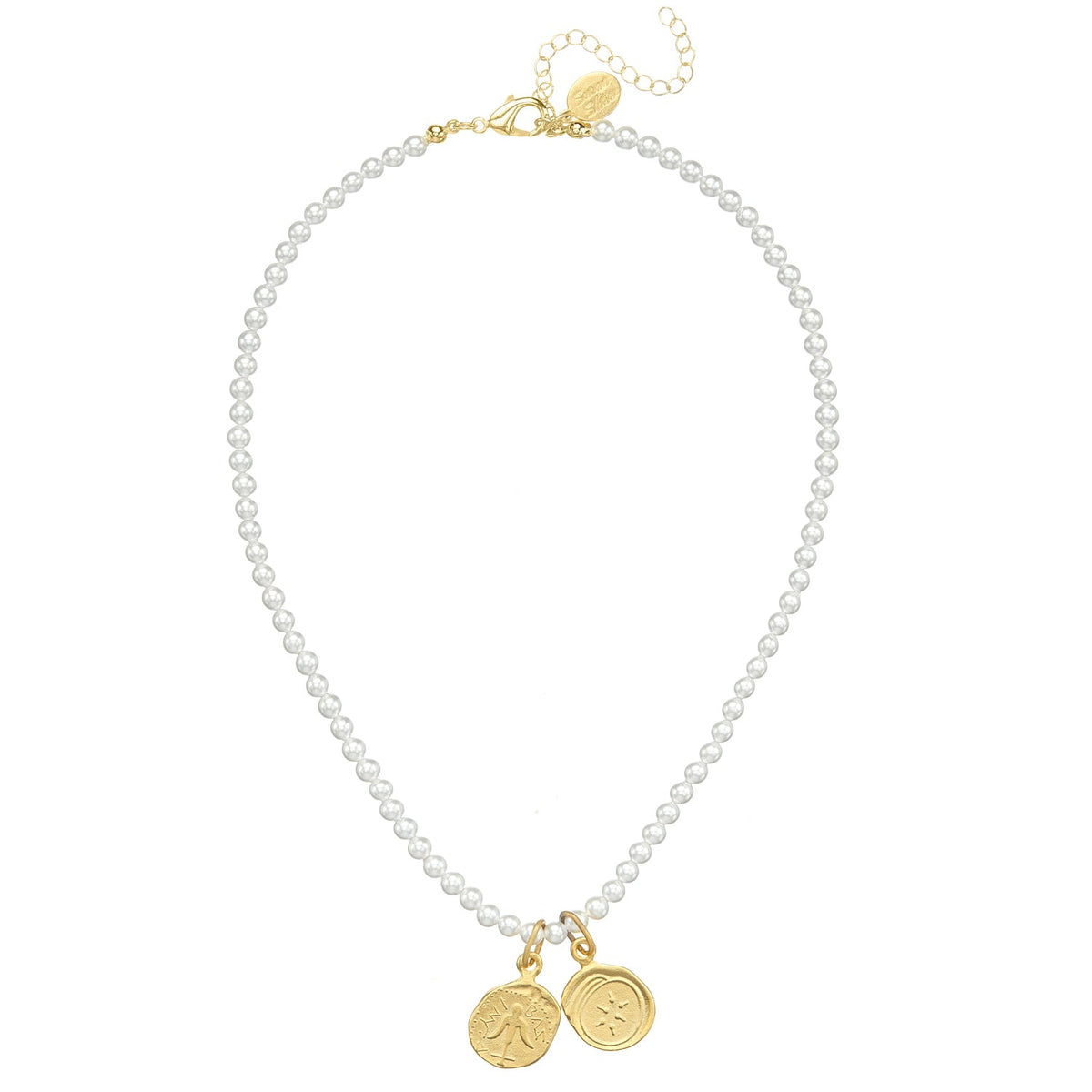 Widow's Mite Pearl Necklace with two 24k gold-plated coin charms and freshwater pearls.