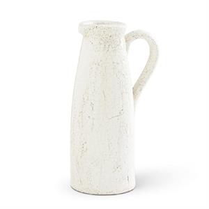 Tall white ceramic pitcher with a textured crackle glaze and a single handle.