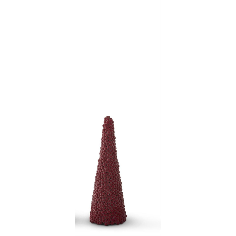 A tall, cone-shaped holiday tree made of small, frosted red berries on a white background.