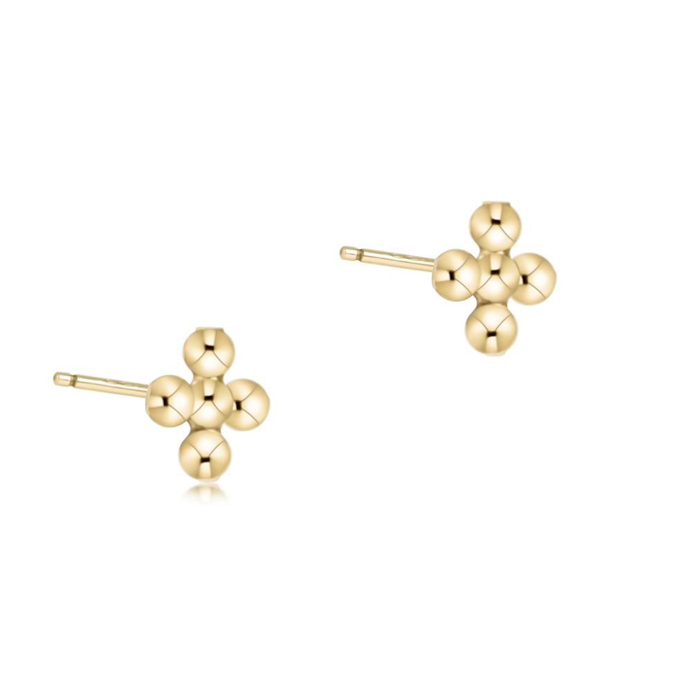 Small gold stud earring featuring a classic beaded cross with 2mm beads.