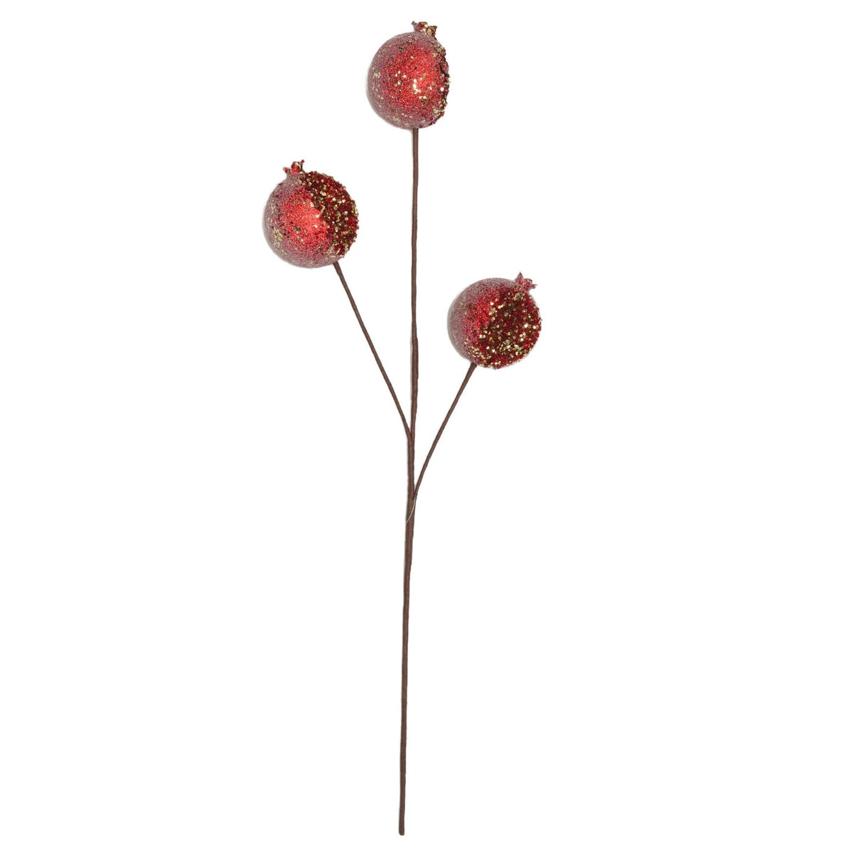 32-inch pomegranate pick with three glittery red pomegranates on a brown stem.