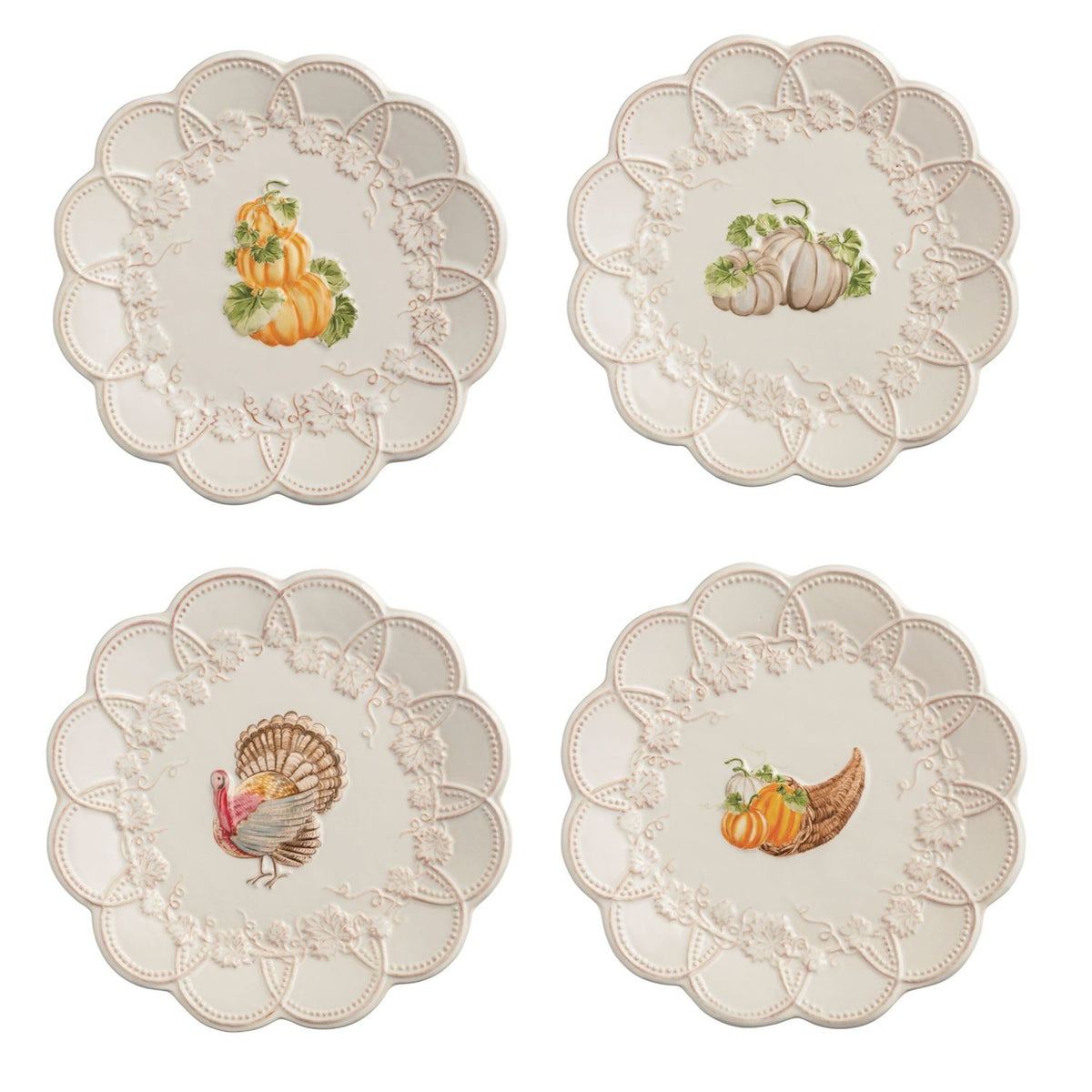 Set of four 8-inch Gather Salad Plates with scalloped edges and Thanksgiving-themed illustrations.