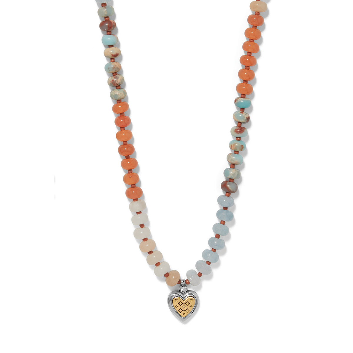 Mosaic Two Tone Heart Beaded Necklace with multi-colored stone beads and a silver and gold pendant.
