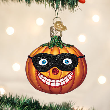Masked Jolly Jack O'lantern ornament with a carved pumpkin silhouette wearing a festive mask.