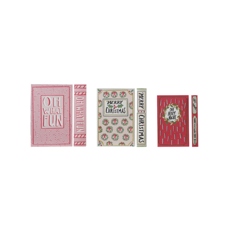 Set of 3 festive book-shaped storage boxes in pink, cream, and red with holiday greetings.