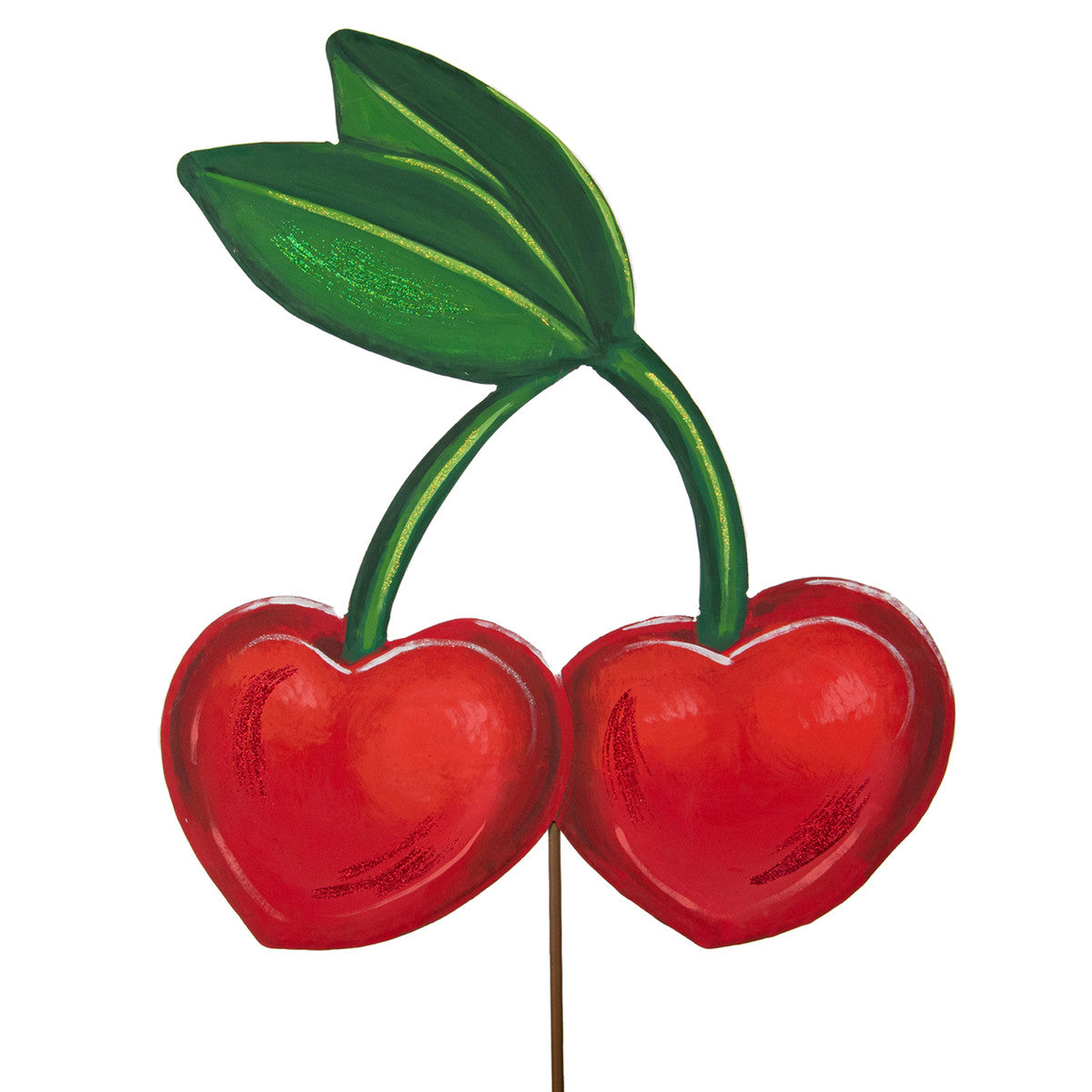 Metal garden stake shaped like two red cherry hearts with green stems.