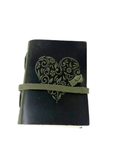 8 inch black leather journal with an embossed floral heart design and green wrap-around strap.
