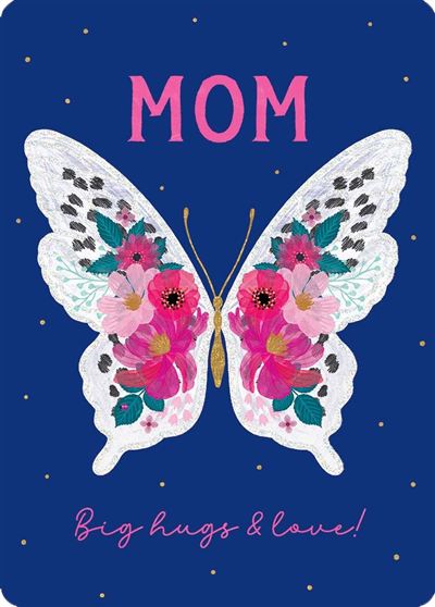 Motherly Wings greeting card with 'MOM' text on front.