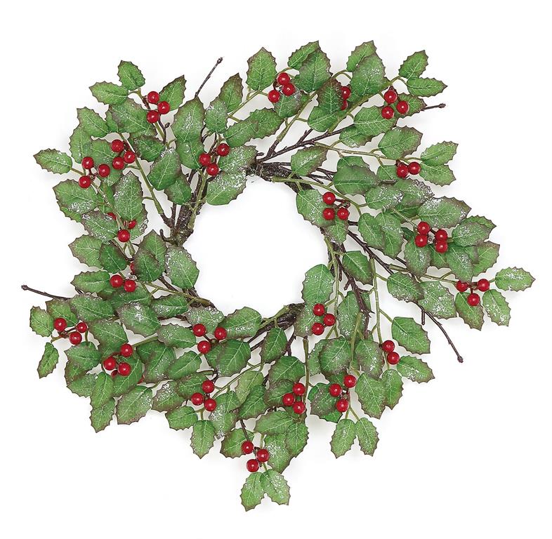 13-inch holly candle ring with green leaves and red berries.