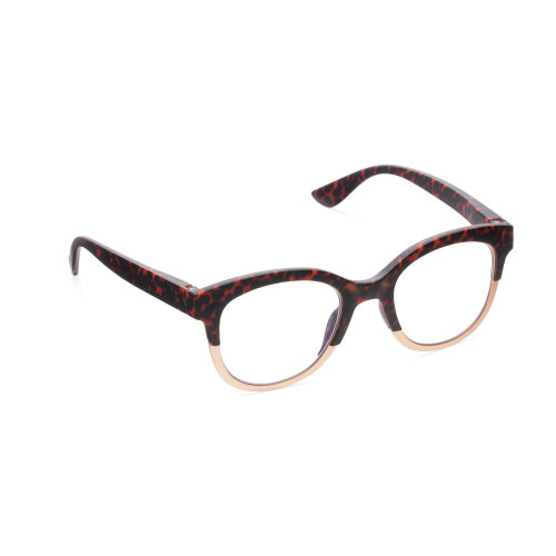 Georgia eyeglasses in soft square frames with earthy tortoise shell pattern and metallic detailing.