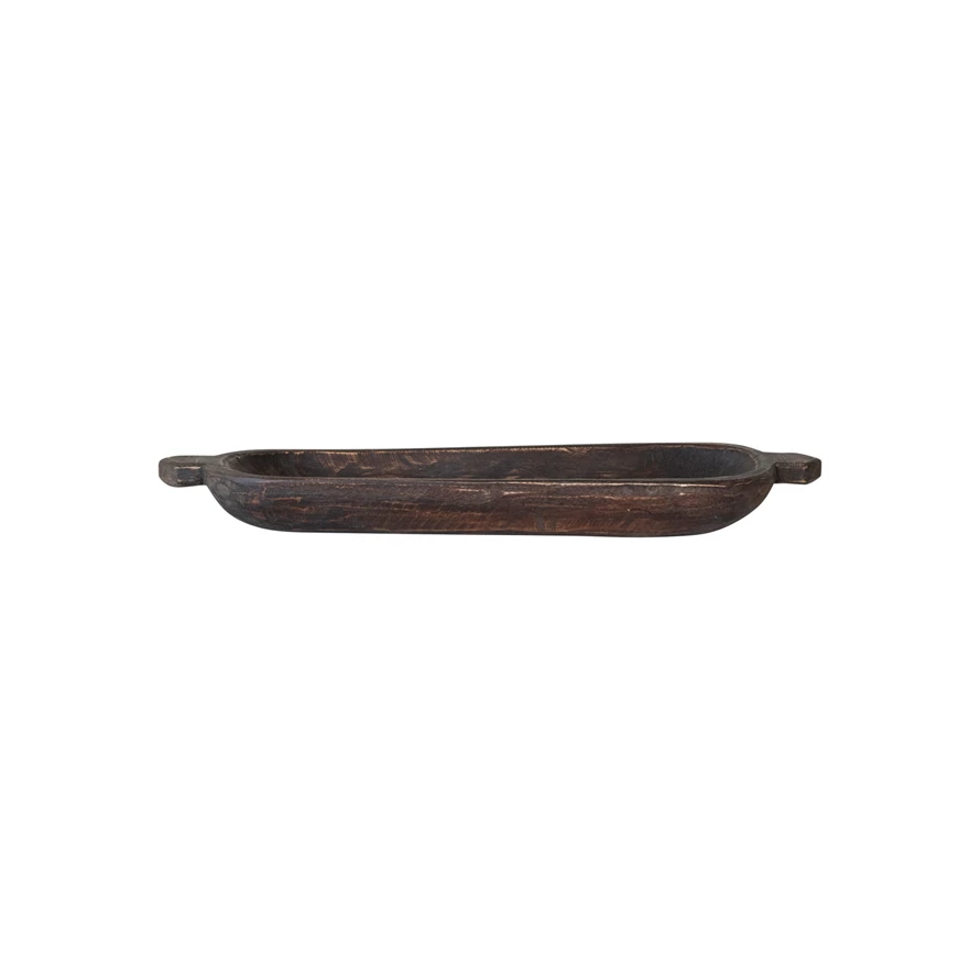 Long, shallow decorative wood trug with a dark brown finish and small side handles.